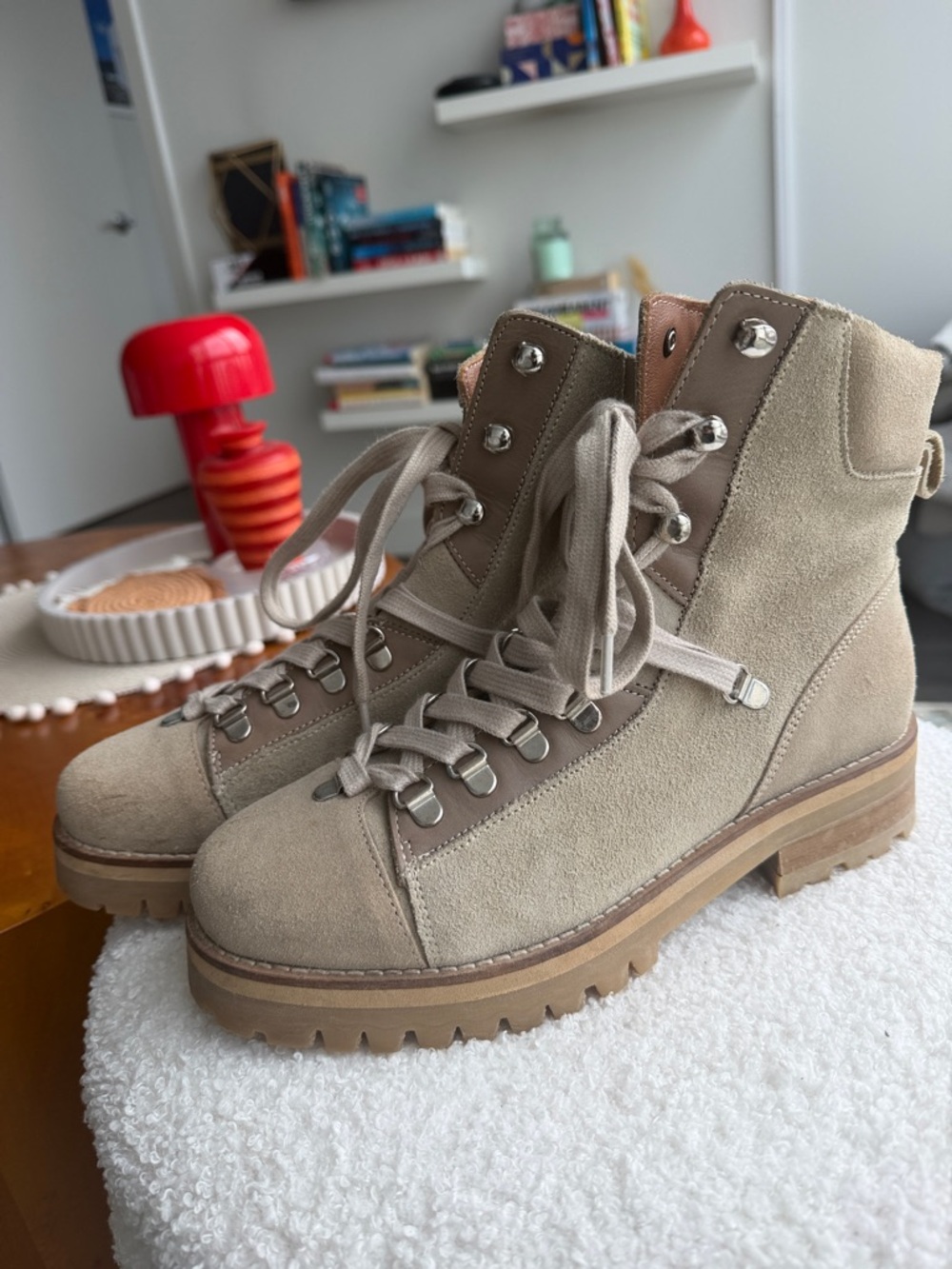 AllSaints Beige Suede Lace-Up Boots